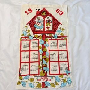 Vintage 1963 Linen Tea Towel Calendar Weather House Morning Glories 27 Inch